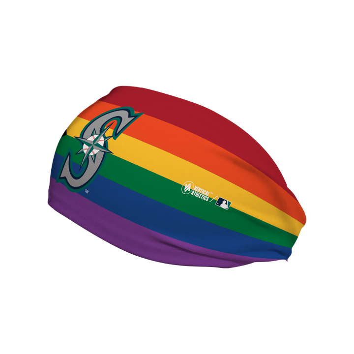 Seattle Mariners progressive pride flag headband with cap logo. Made in USA, Vertical Athletics brand. 