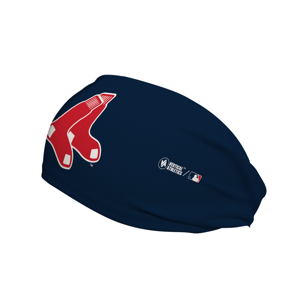 Side view of MLB Boston Red Sox navy headband with "Socks" cap logo. Made in USA, Vertical Athletics brand. 