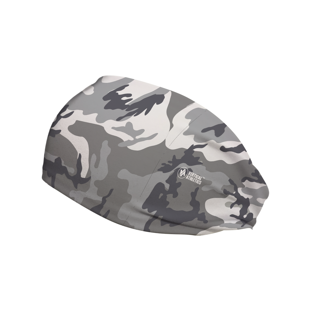 Side view of Gray Camo headband. Made in USA, Vertical Athletics brand. Not a Junk headband.