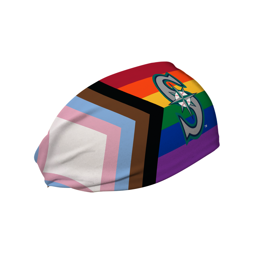 Seattle Mariners progressive pride flag headband with cap logo. Made in USA, Vertical Athletics brand. 