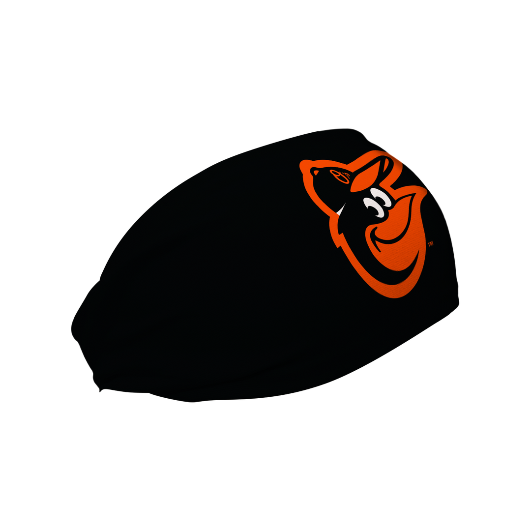 Side view of MLB Baltimore Orioles black headband with the birds logo. Made in USA, Vertical Athletics brand. .