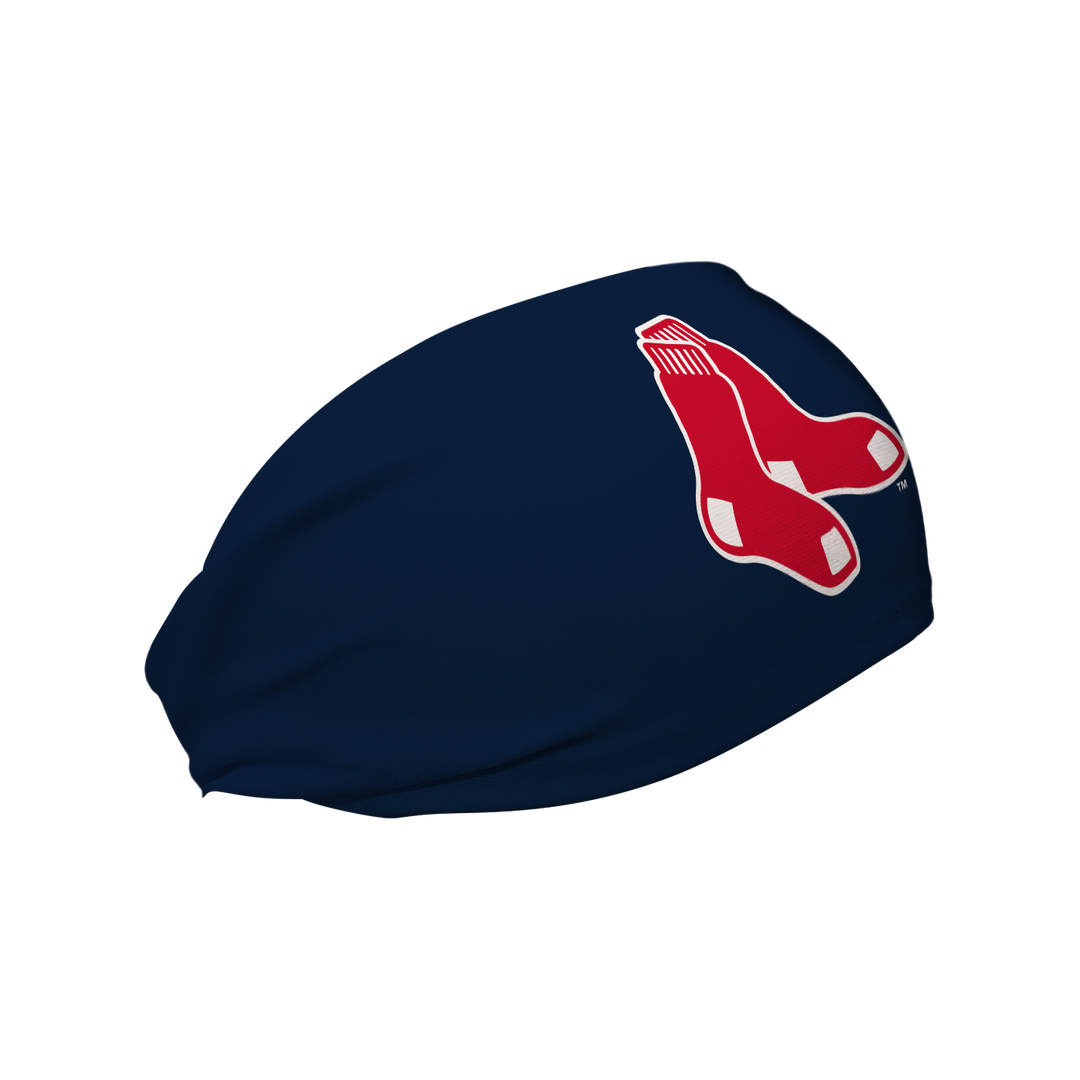 Side view of MLB Boston Red Sox navy headband with "Socks" cap logo. Made in USA, Vertical Athletics brand.