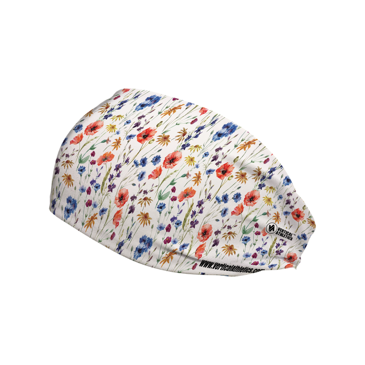 Cooling Headband with Wild Flowers (White). Made in USA, Vertical Athletics brand.
