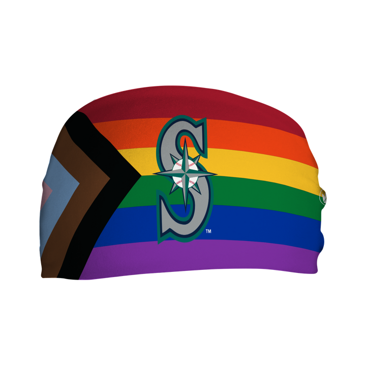 Seattle Mariners progressive pride flag headband with cap logo. Made in USA, Vertical Athletics brand. 