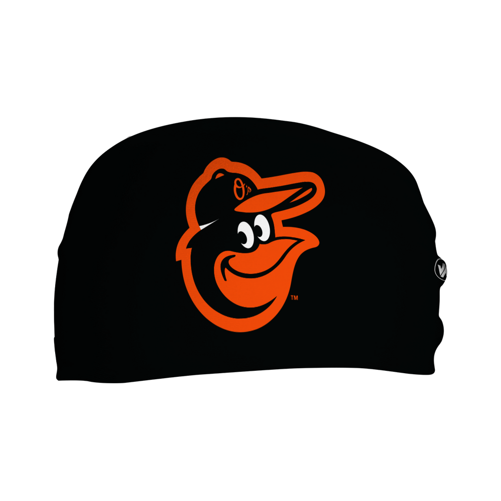 Side view of MLB Baltimore Orioles black headband with the birds logo. Made in USA, Vertical Athletics brand. 