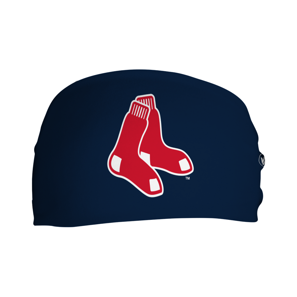 Side view of MLB Boston Red Sox navy headband with "Socks" cap logo. Made in USA, Vertical Athletics brand. 