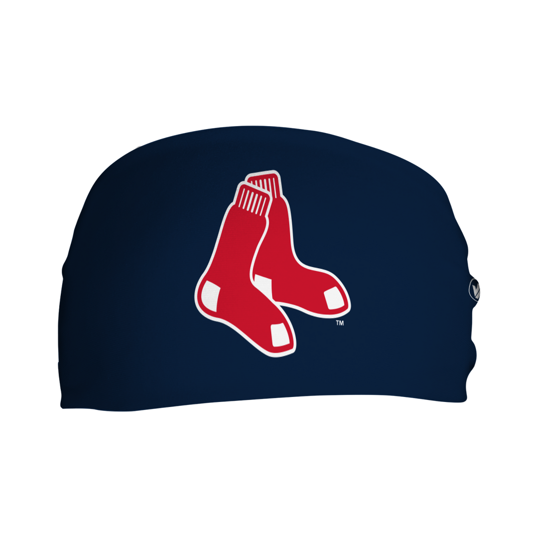Side view of MLB Boston Red Sox navy headband with "Socks" cap logo. Made in USA, Vertical Athletics brand. 