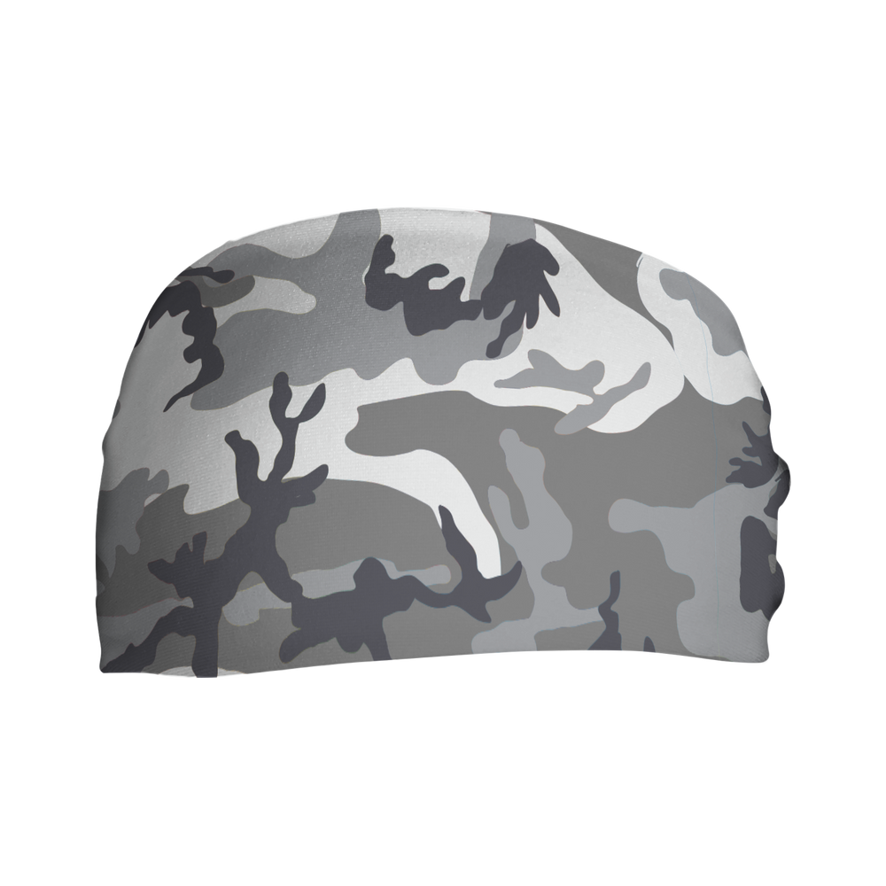 front view of Gray Camo headband. Made in USA, Vertical Athletics brand. Not a Junk headband.