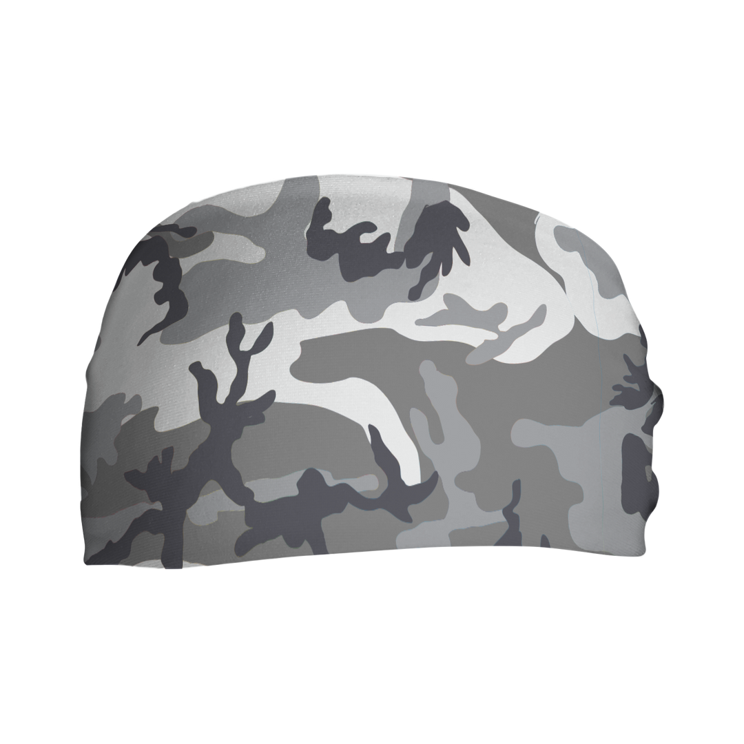 front view of Gray Camo headband. Made in USA, Vertical Athletics brand. Not a Junk headband.