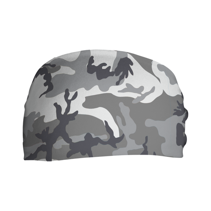 front view of Gray Camo headband. Made in USA, Vertical Athletics brand. Not a Junk headband.