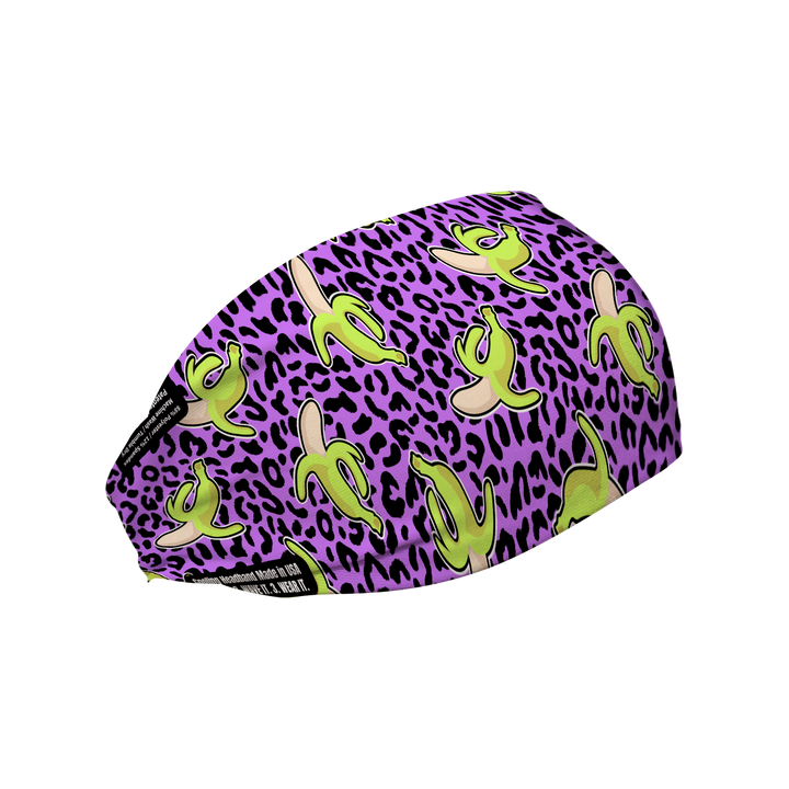 Cooling Headband with Bananas on Purple Cheetah. Made in USA, Vertical Athletics brand.