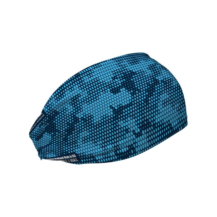 Cooling Headband with Hex Camo (Blue). Made in USA, Vertical Athletics brand.