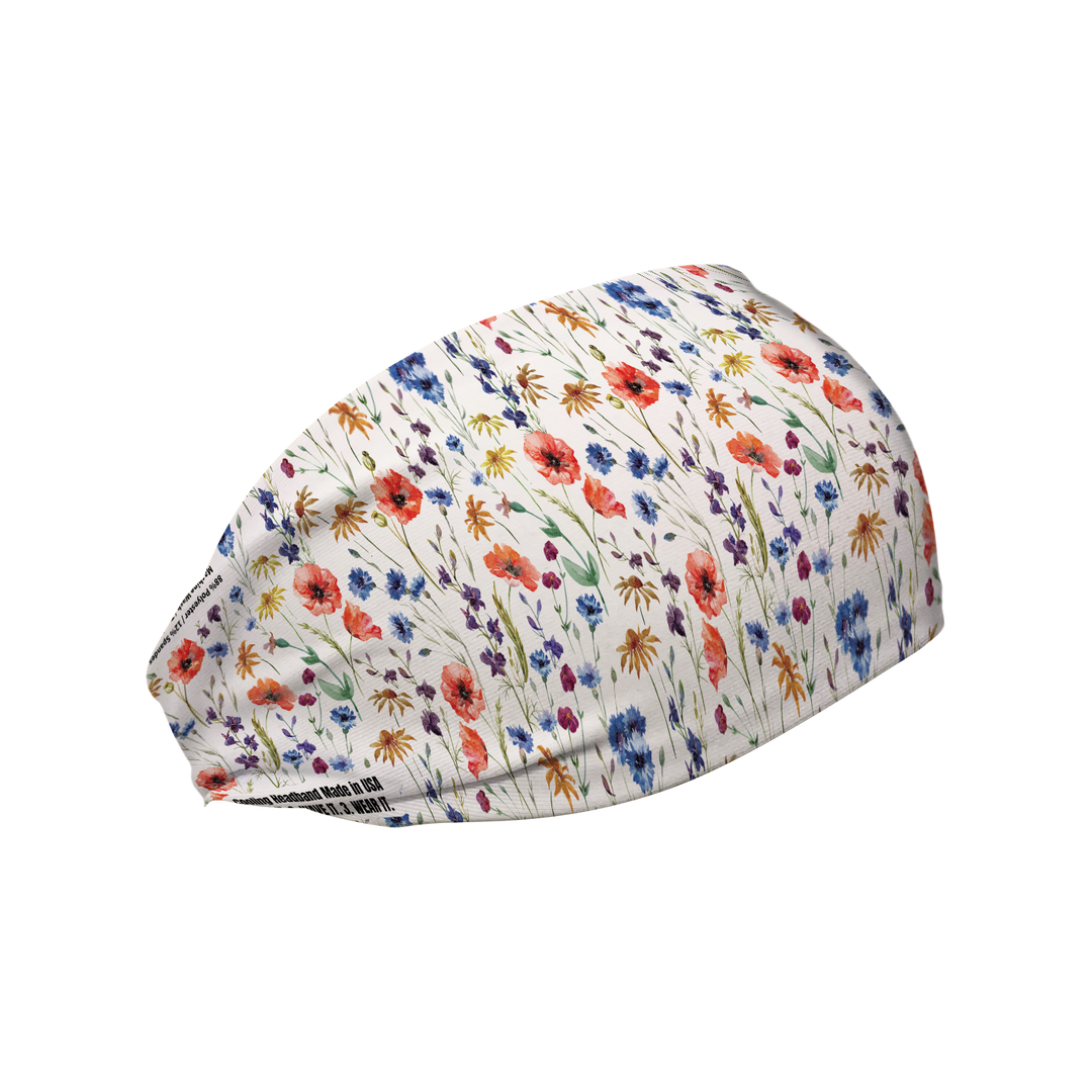 Cooling Headband with Wild Flowers (White). Made in USA, Vertical Athletics brand.