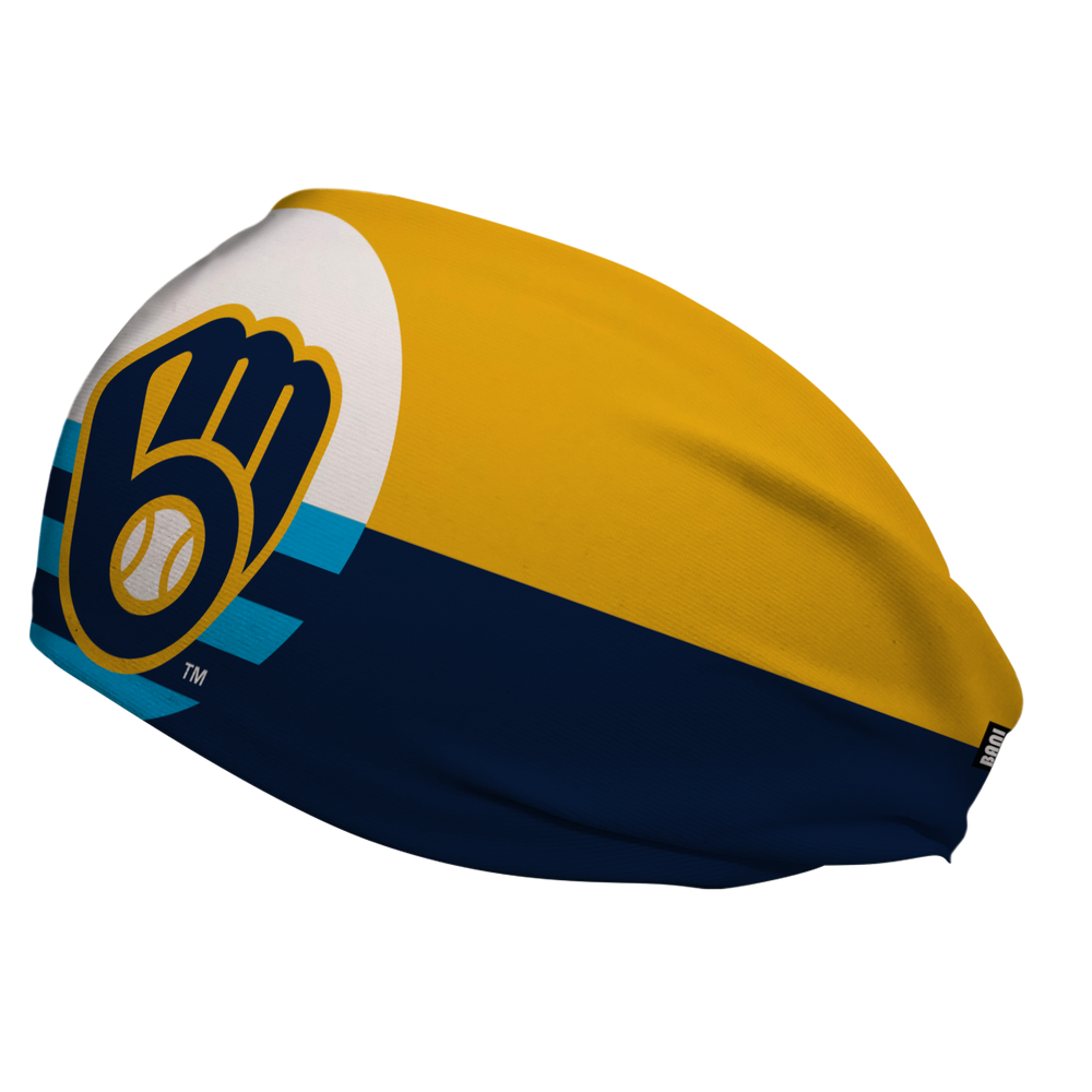 Side view of MLB Milwaukee Brewers Flag headband with Cap logo. Made in USA, Vertical Athletics brand.  