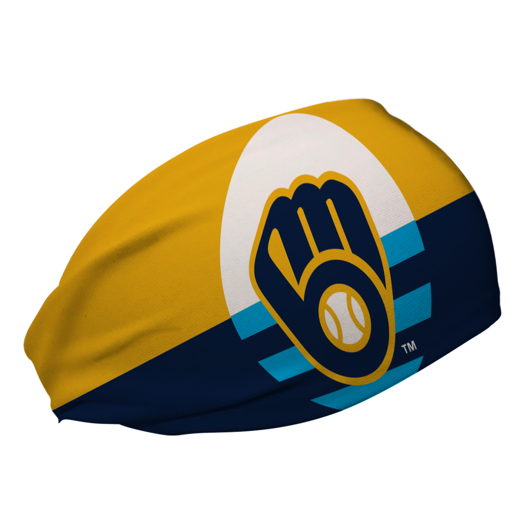 Side view of MLB Milwaukee Brewers Flag headband with Cap logo. Made in USA, Vertical Athletics brand.  