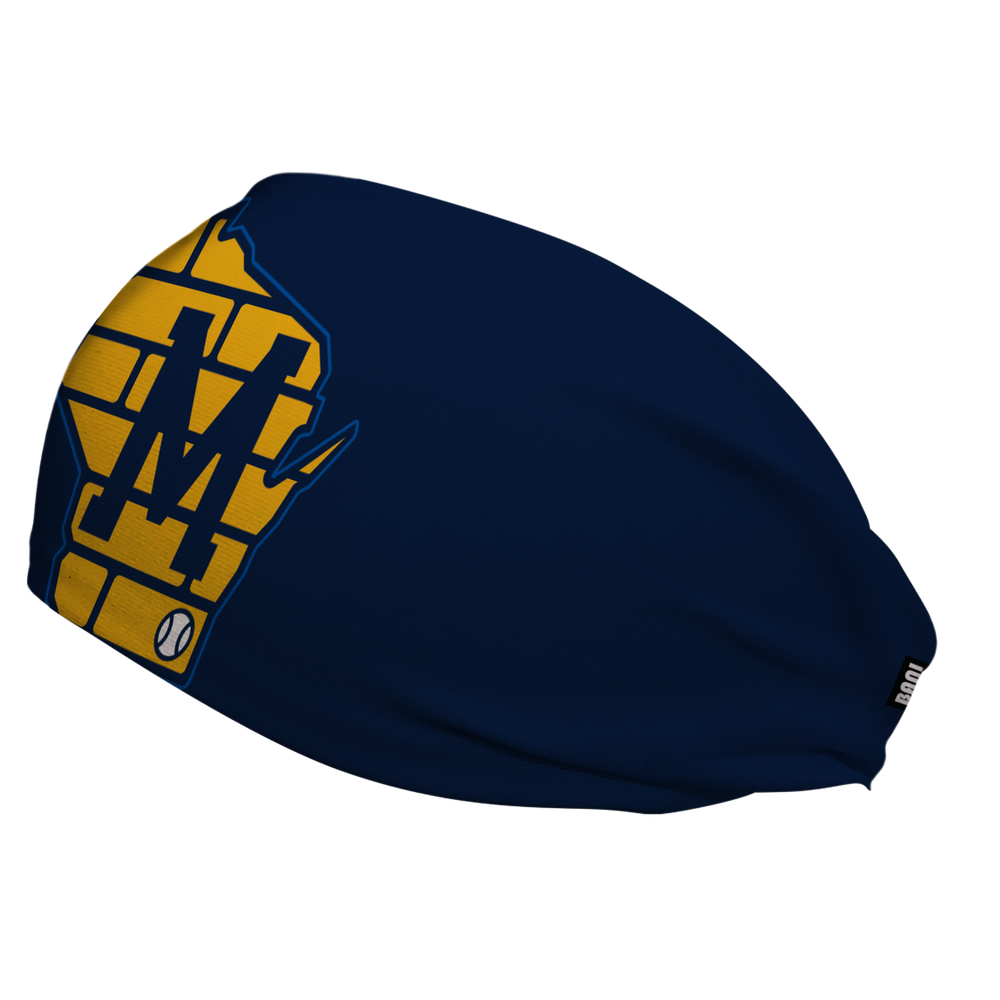 Side view of MLB Milwaukee Brewers Navy headband with brick cap logo. Made in USA, Vertical Athletics brand.  