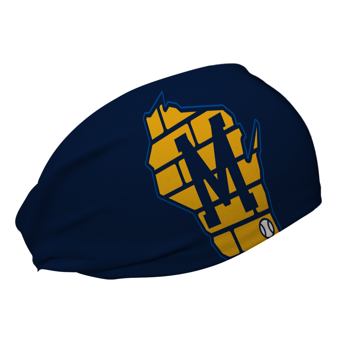 Side view of MLB Milwaukee Brewers Navy headband with brick cap logo. Made in USA, Vertical Athletics brand.  
