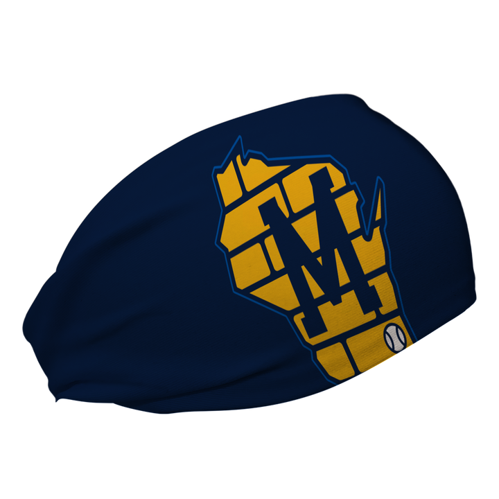 Side view of MLB Milwaukee Brewers Navy headband with brick cap logo. Made in USA, Vertical Athletics brand.  