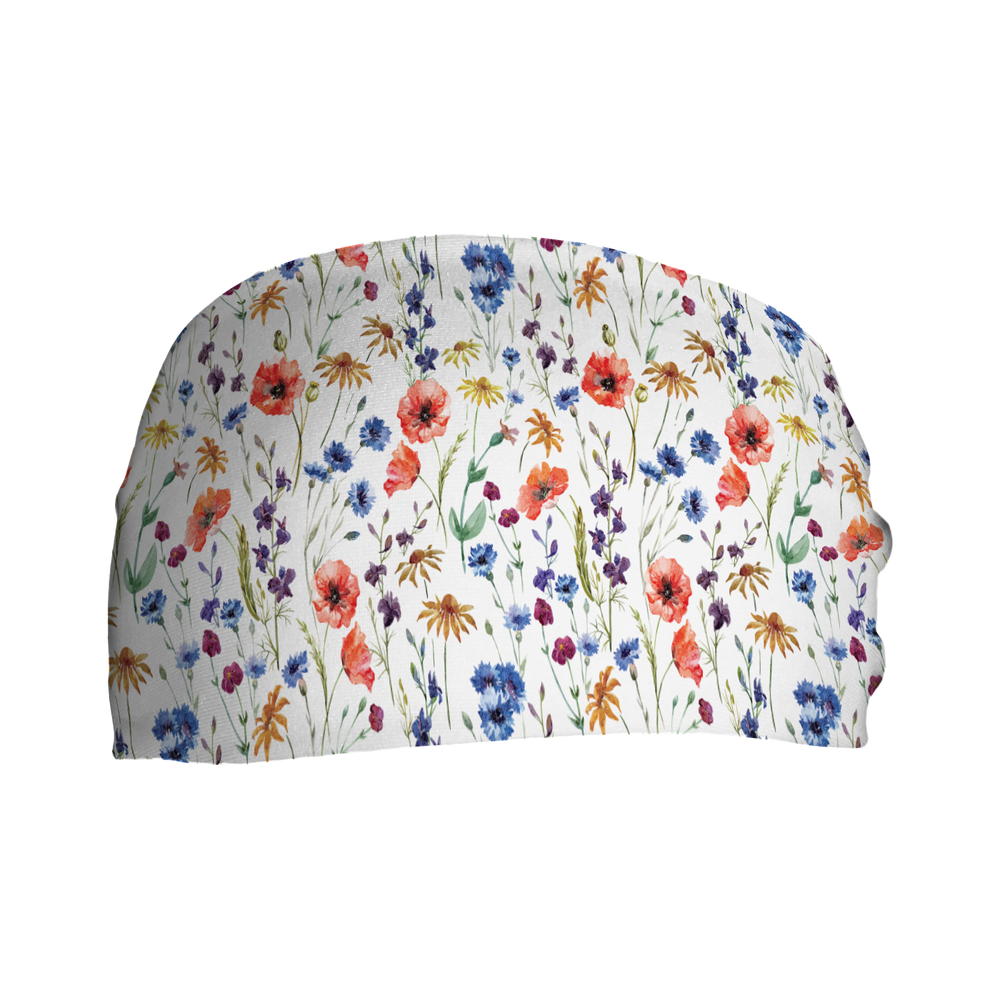 Cooling Headband with Wild Flowers (White). Made in USA, Vertical Athletics brand.