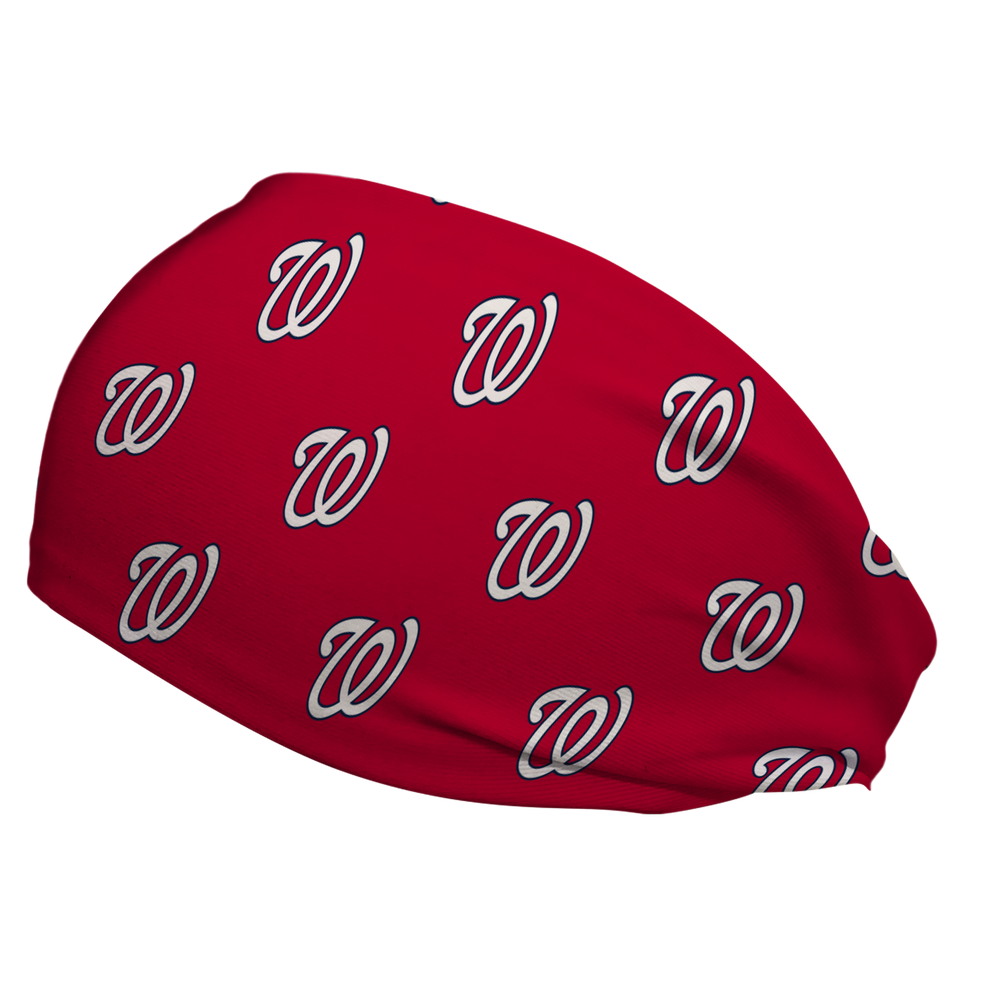 Side view of MLB Washington Nationals Red headband with cap logo all over. Made in USA, Vertical Athletics brand.  