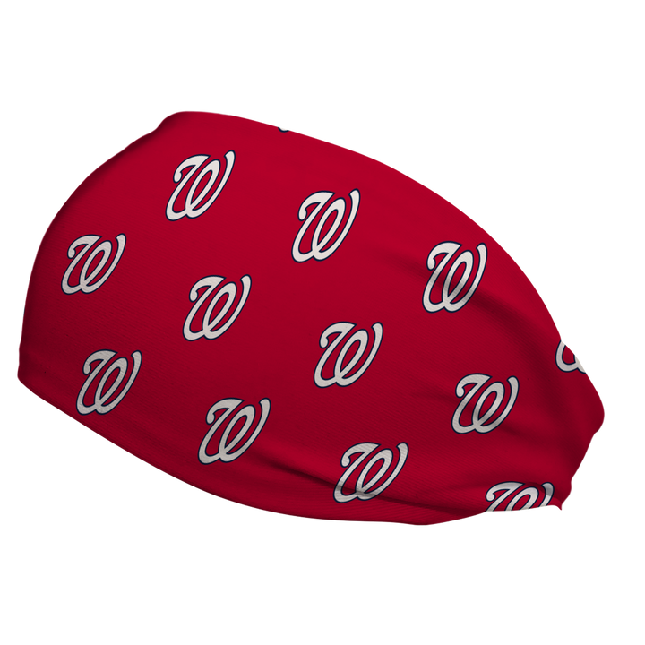 Side view of MLB Washington Nationals Red headband with cap logo all over. Made in USA, Vertical Athletics brand.  