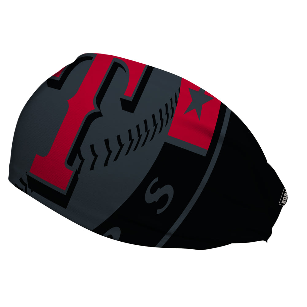 Side view of MLB Texas Rangers Blackout headband. Made in USA, Vertical Athletics brand.  