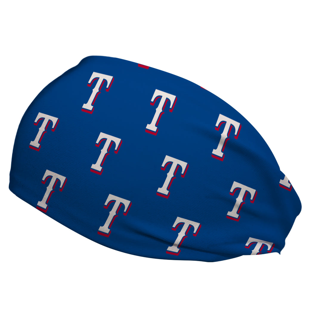 Side view of MLB Texas Rangers navy headband with cap logo all over. Made in USA, Vertical Athletics brand.  