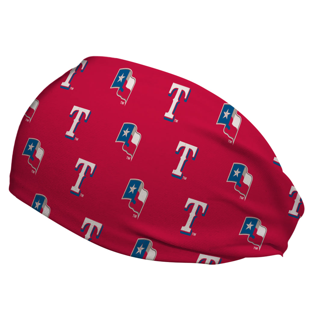 Side view of MLB Texas Rangers red headband with alternating logos all over. Made in USA, Vertical Athletics brand.  