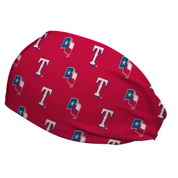 Side view of MLB Texas Rangers red headband with alternating logos all over. Made in USA, Vertical Athletics brand.  