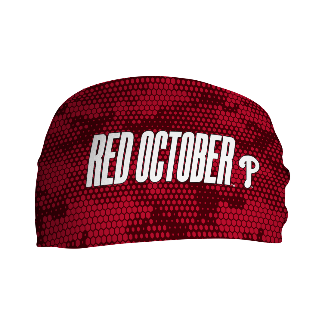 MLB Philadelphia Phillies Red October cooling headband with Hex Camo Red. Made in USA, Vertical Athletics brand.