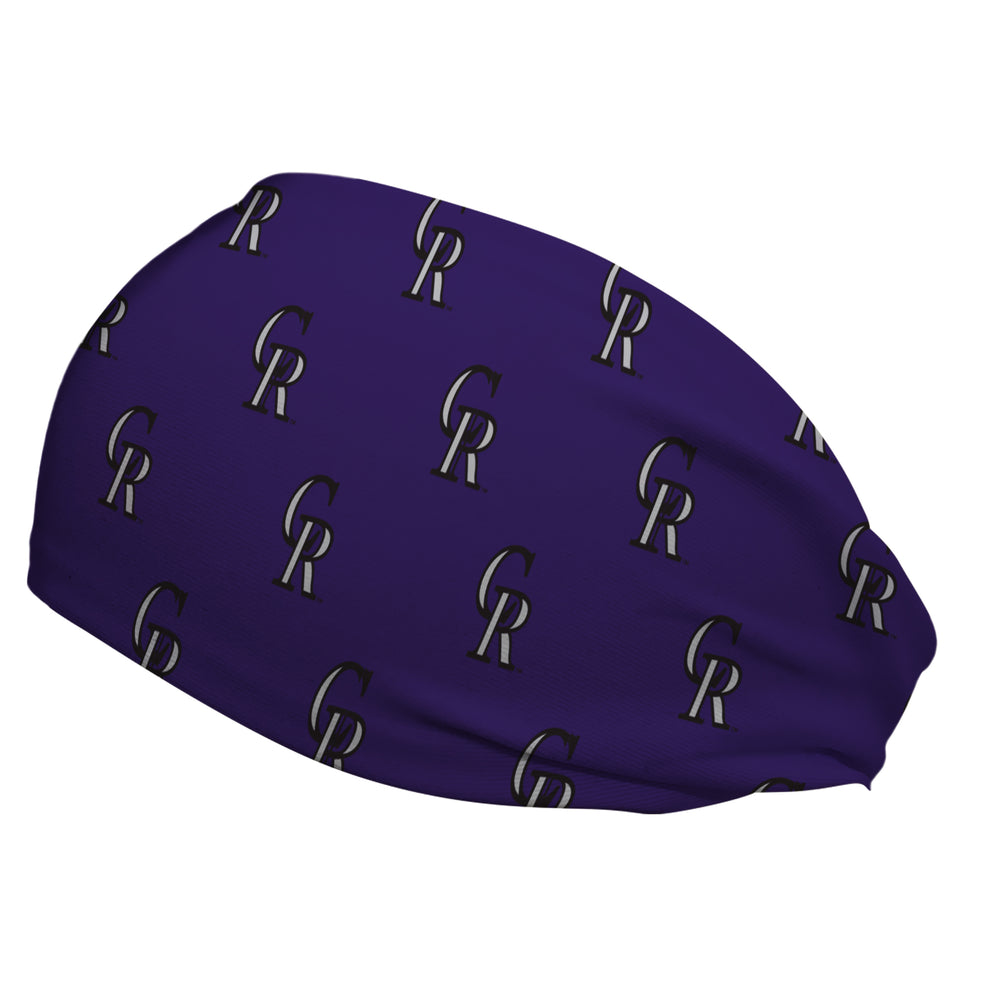 Side view of Colorado Rockies Purple  headband with alt cap logo all over. Made in USA, Vertical Athletics brand.  
