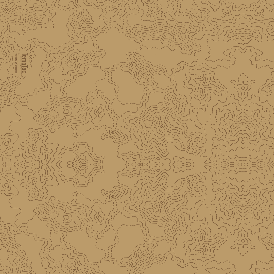 Unfolded view of Tan Topo Map Bandana. Made in USA, Vertical Athletics brand. 