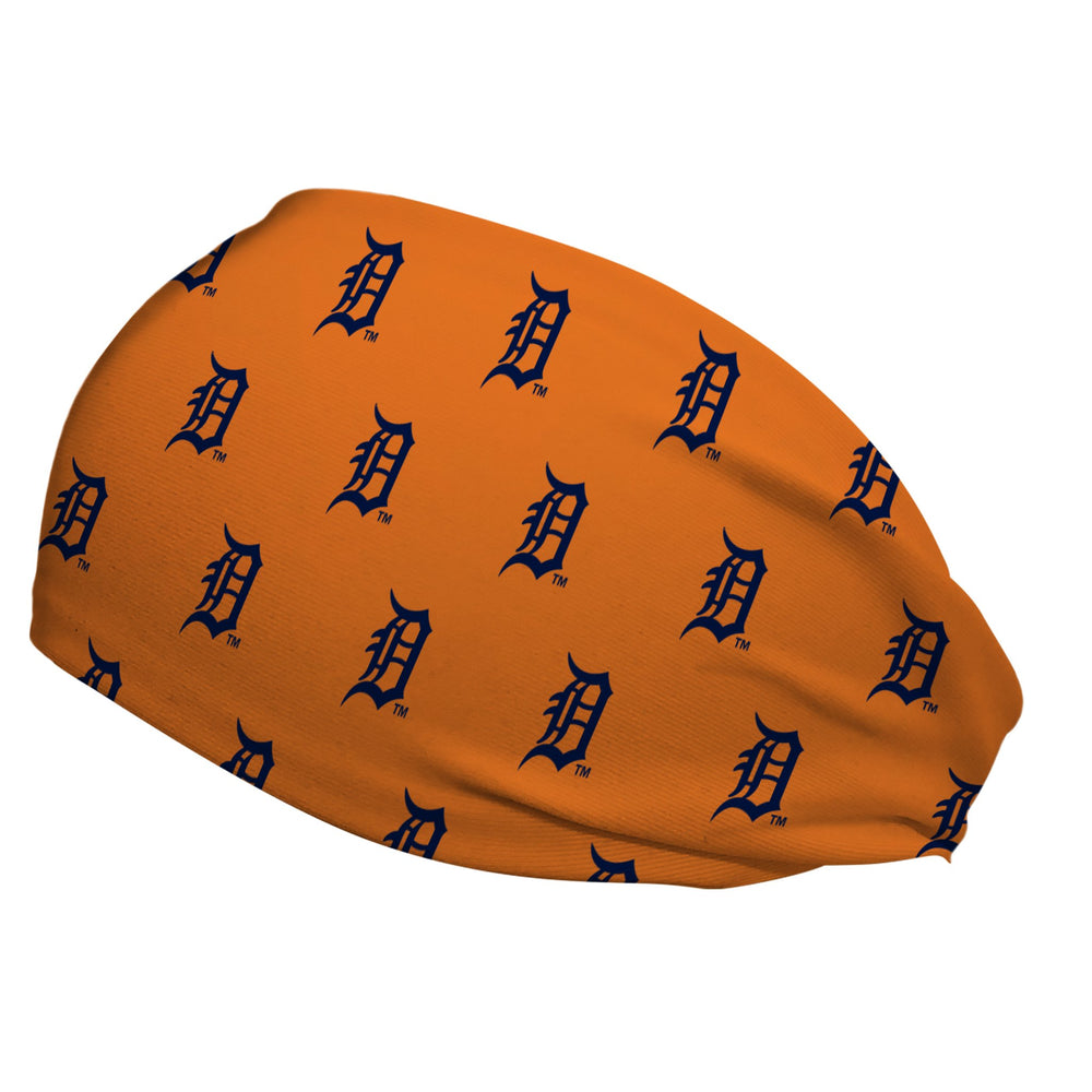 Side view of Detroit Tigers Orange headband with cap logo all over. Made in USA, Vertical Athletics brand.