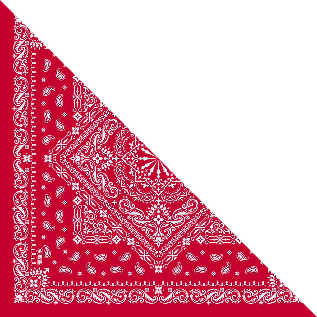 Side view of Red Paisley triangle bandana. Made in USA, Vertical Athletics brand. Not a Junk headband.