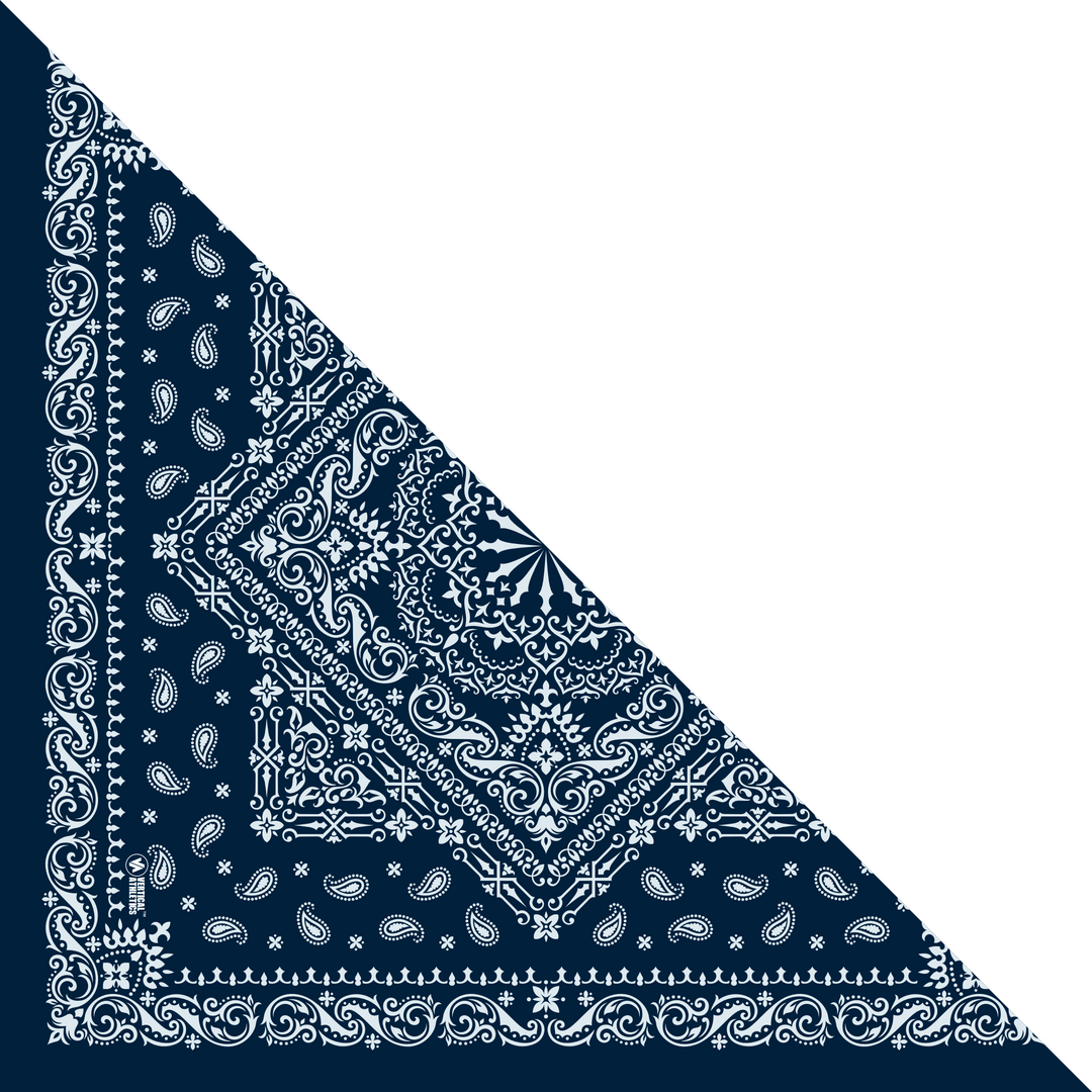 Side view of Navy Paisley triangle bandana. Made in USA, Vertical Athletics brand.  Not a Junk headband.