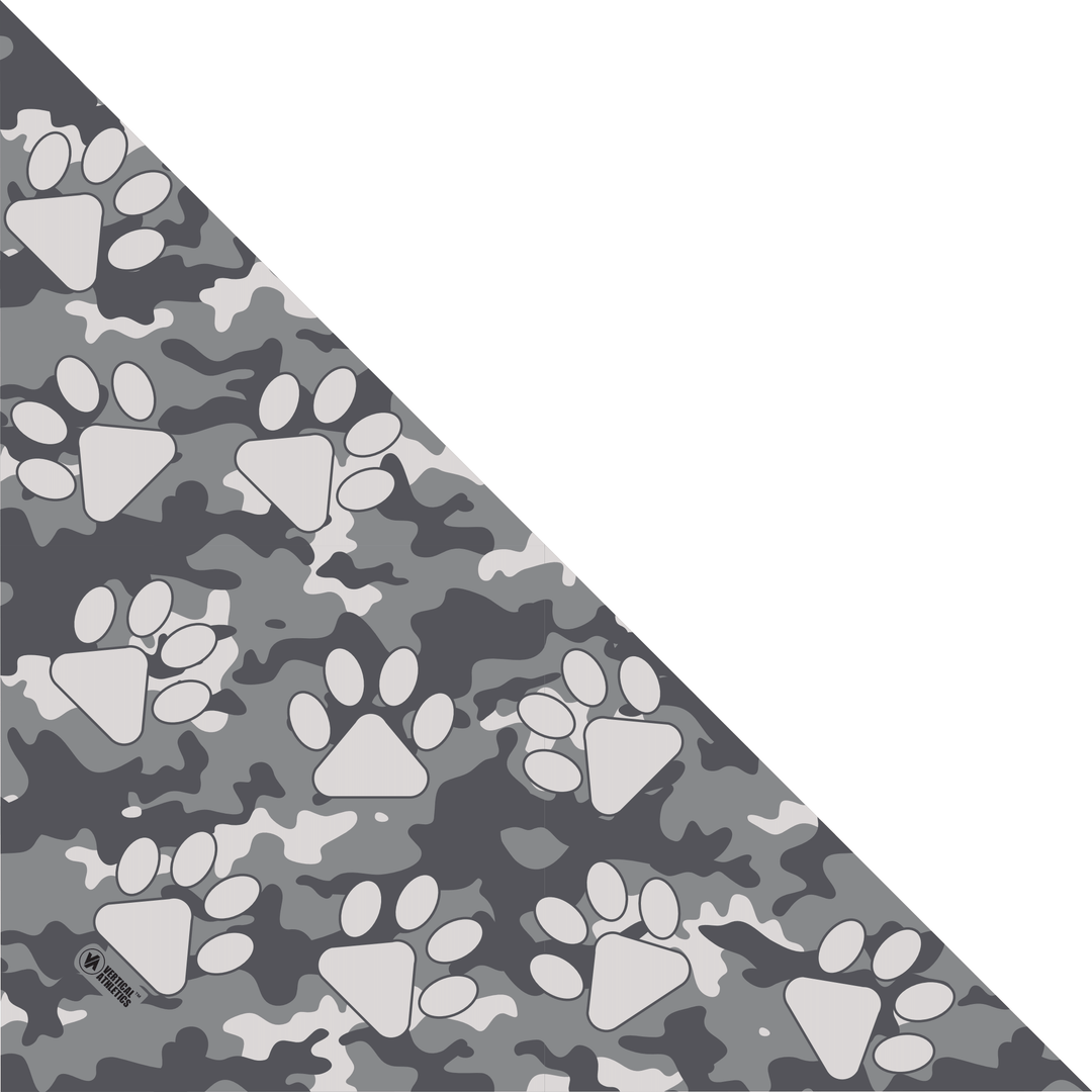 Side view of Gray Camo Paw Print triangle bandana. Made in USA, Vertical Athletics brand.  Not a Junk headband.  Not a Junk headband.