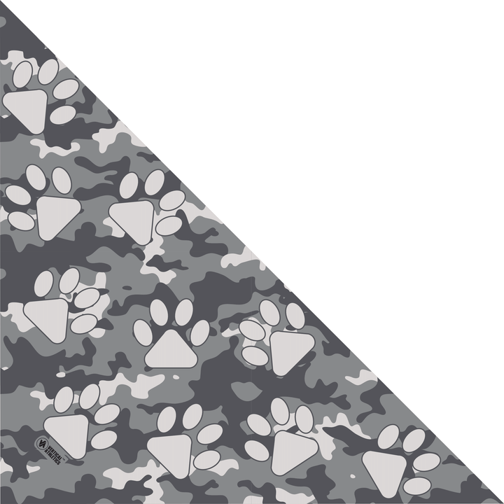 Side view of Gray Camo Paw Print triangle bandana. Made in USA, Vertical Athletics brand.  Not a Junk headband.  Not a Junk headband.