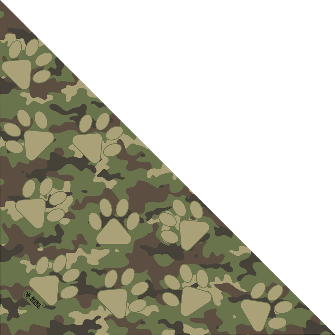 Green Camo Paw Print triangle bandana. Made in USA, Vertical Athletics brand.  