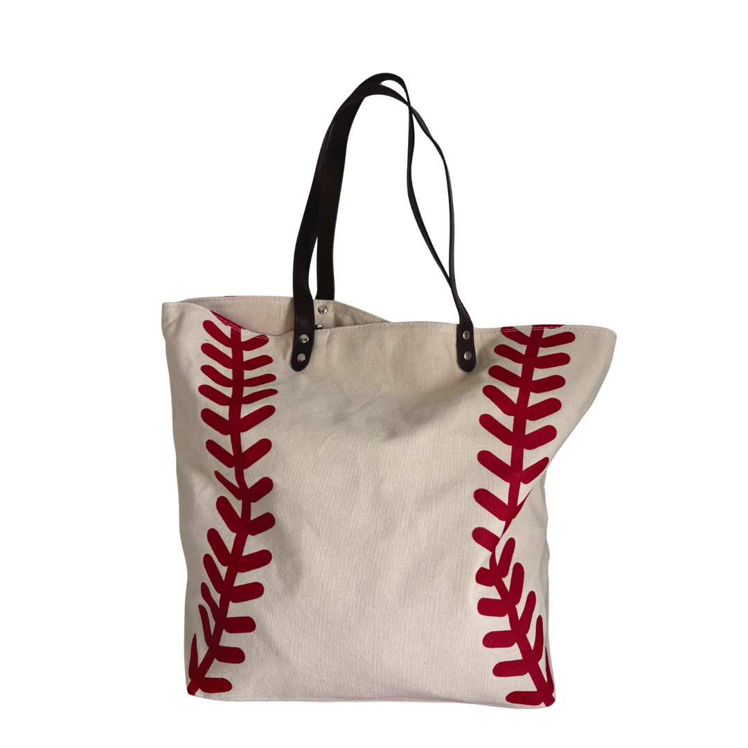 Red stitched baseball tote – front view. Vertical Athletics brand.