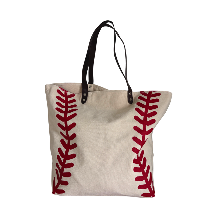 Red stitched baseball tote – front view. Vertical Athletics brand.