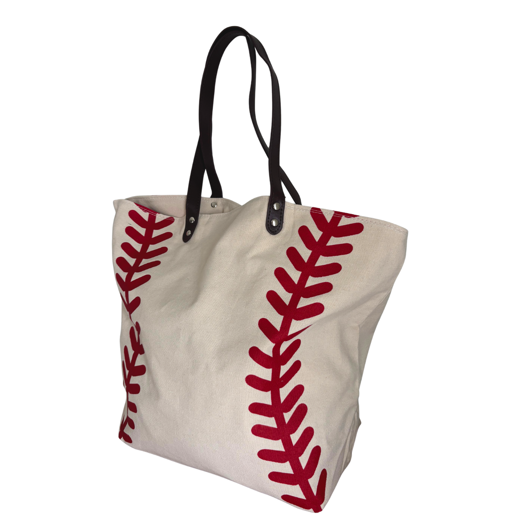 Roomy baseball-inspired tote – angled view. Vertical Athletics brand.