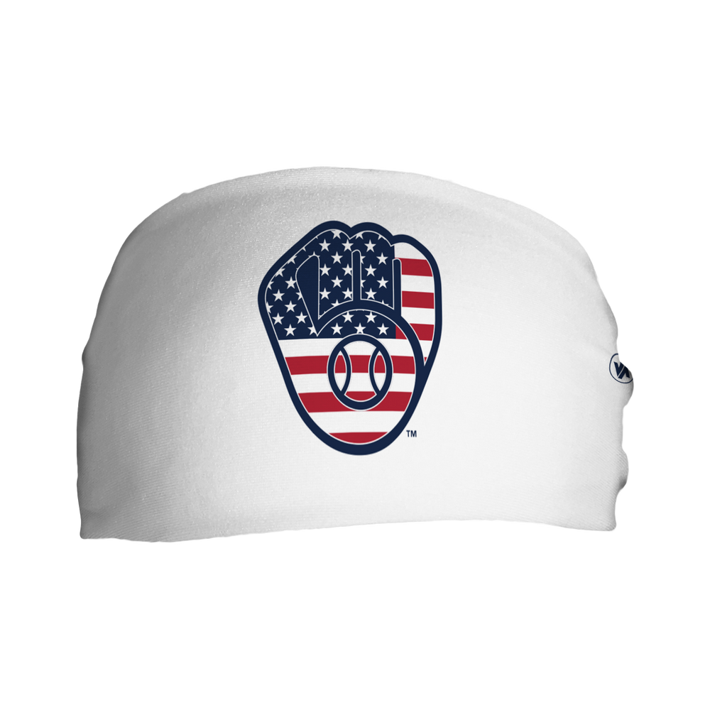 Front view of MLB Milwaukee Brewers white headband with flag filled cap logo. Made in USA, Vertical Athletics brand. 