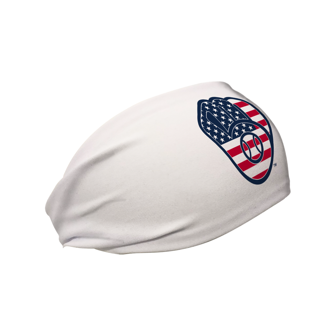 Side view of MLB Milwaukee Brewers white headband with flag filled cap logo. Made in USA, Vertical Athletics brand.
