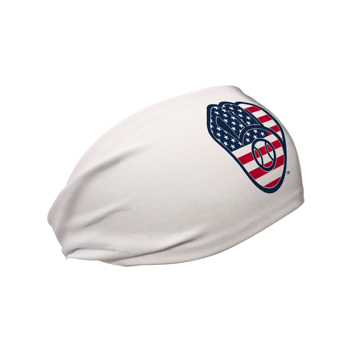 Side view of MLB Milwaukee Brewers white headband with flag filled cap logo. Made in USA, Vertical Athletics brand.