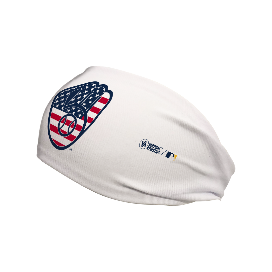 Side view of MLB Milwaukee Brewers white headband with flag filled cap logo. Made in USA, Vertical Athletics brand. 