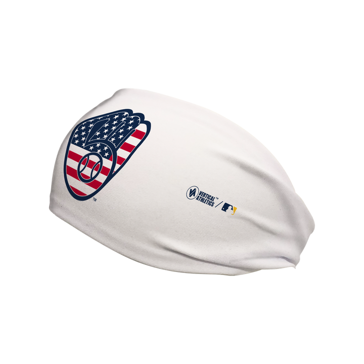 Side view of MLB Milwaukee Brewers white headband with flag filled cap logo. Made in USA, Vertical Athletics brand. 