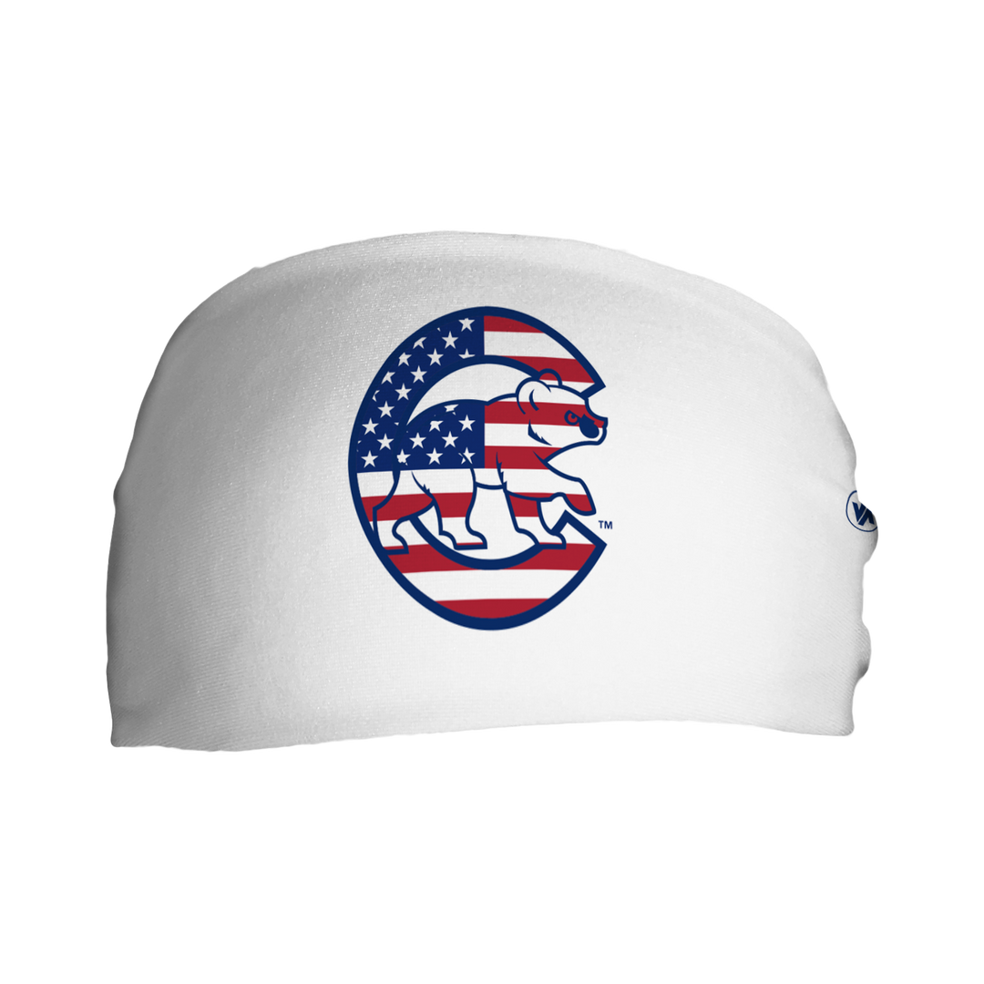 Front view of MLB Chicago Cubs white headband with flag filled cap logo. Made in USA, Vertical Athletics brand. 