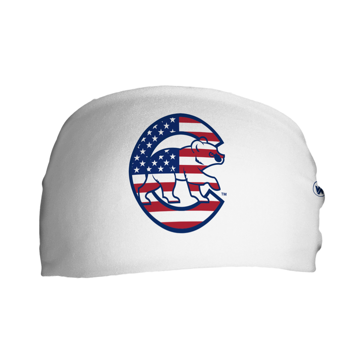 Front view of MLB Chicago Cubs white headband with flag filled cap logo. Made in USA, Vertical Athletics brand. 