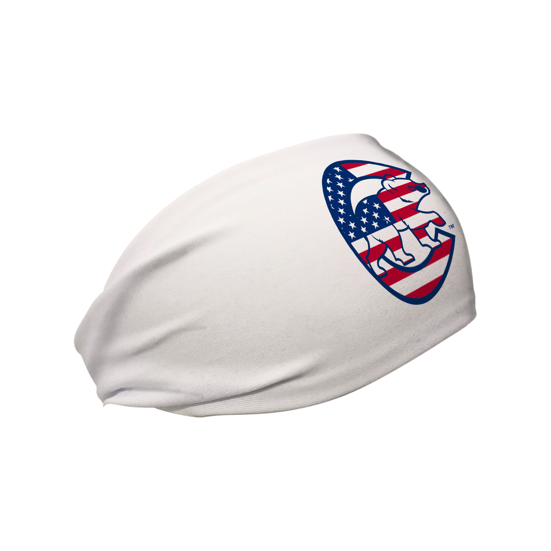 Side view of MLB  Chicago Cubs white headband with flag filled cap logo. Made in USA, Vertical Athletics brand. 