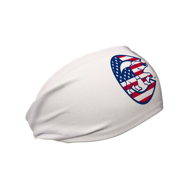 Side view of MLB  Chicago Cubs white headband with flag filled cap logo. Made in USA, Vertical Athletics brand. 
